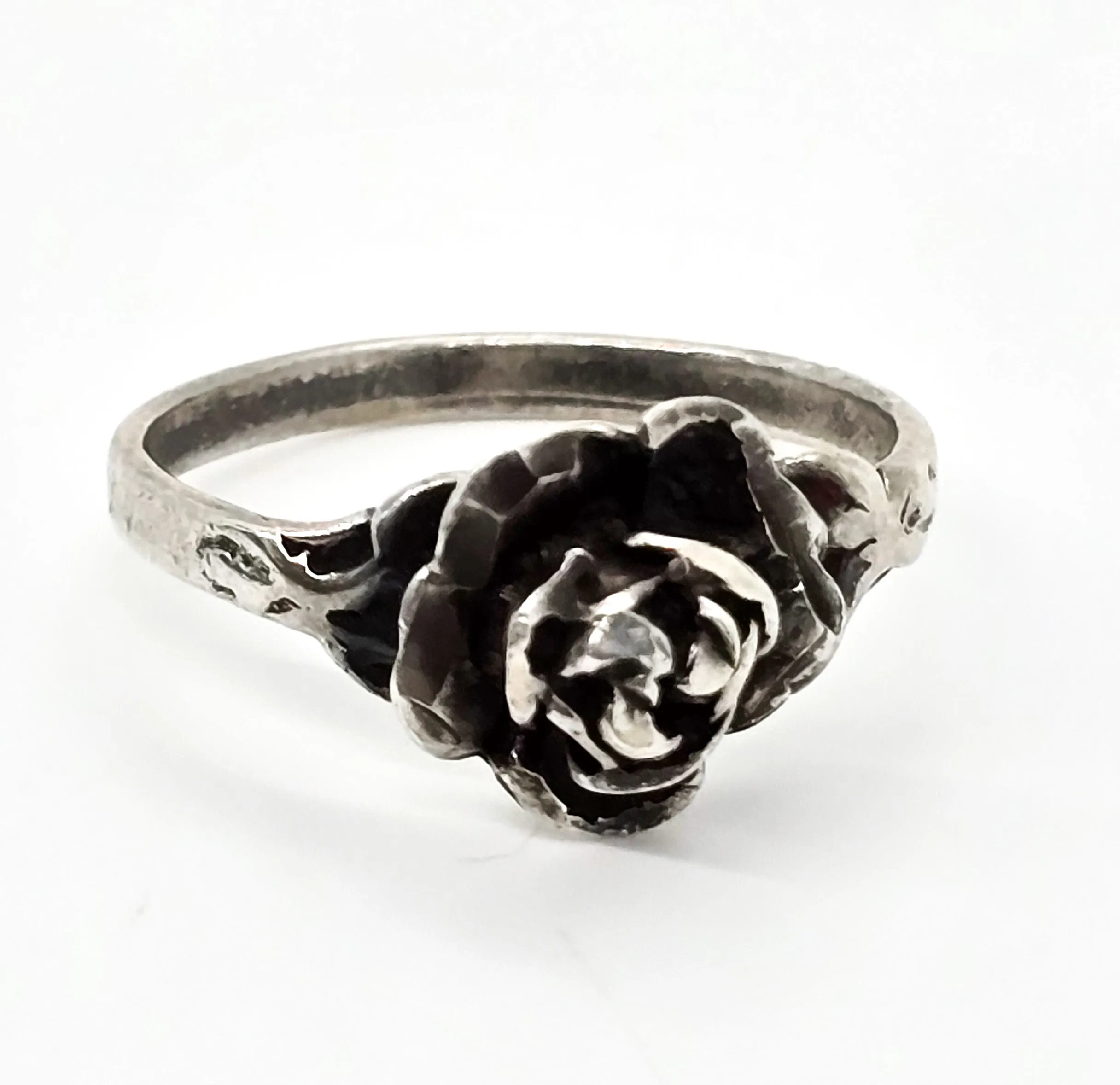 Blooming rose vintage sterling silver flower ring Signed He size 9