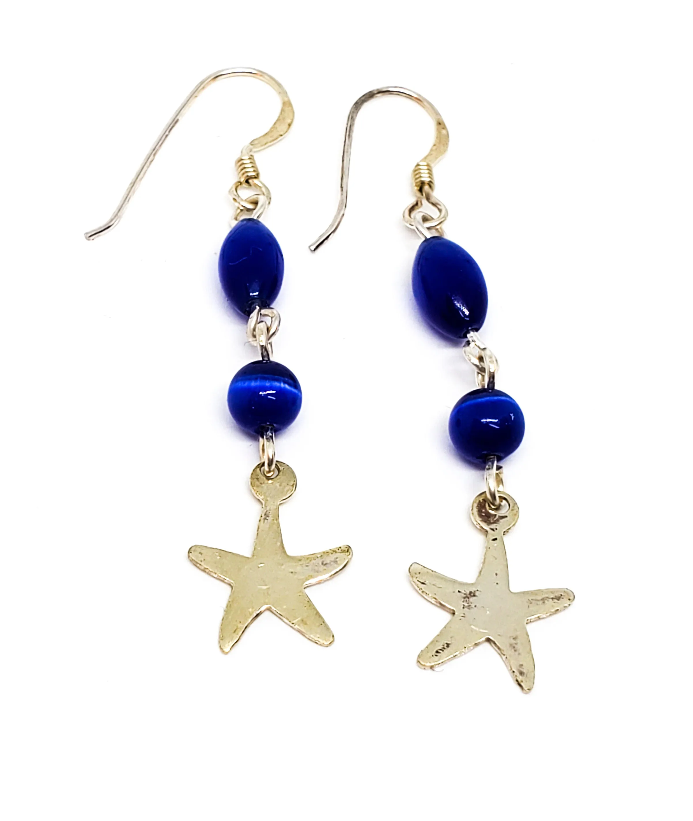 Blue cat's eye glass sterling silver star drop vintage earrings 2 inches 925