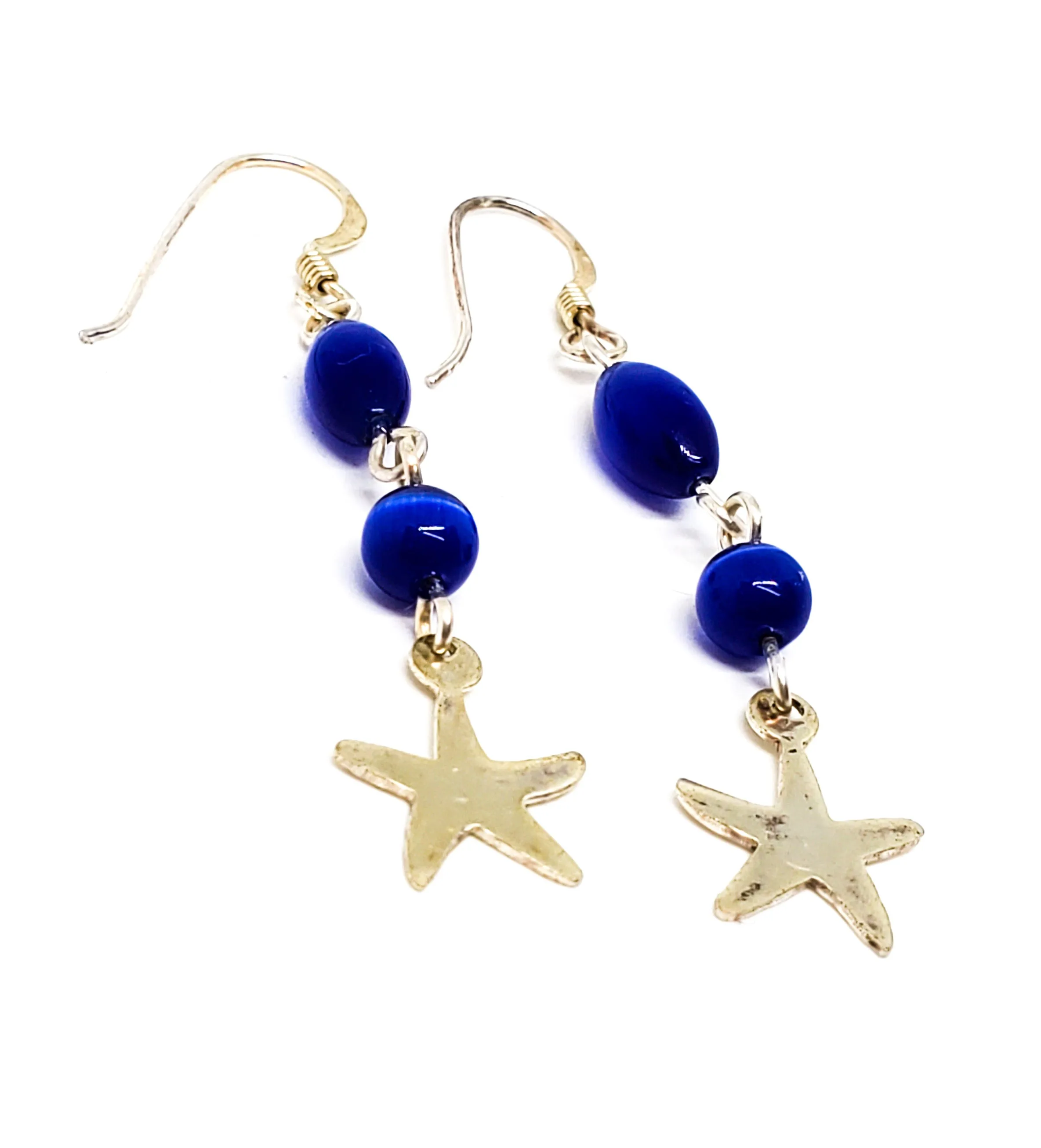Blue cat's eye glass sterling silver star drop vintage earrings 2 inches 925