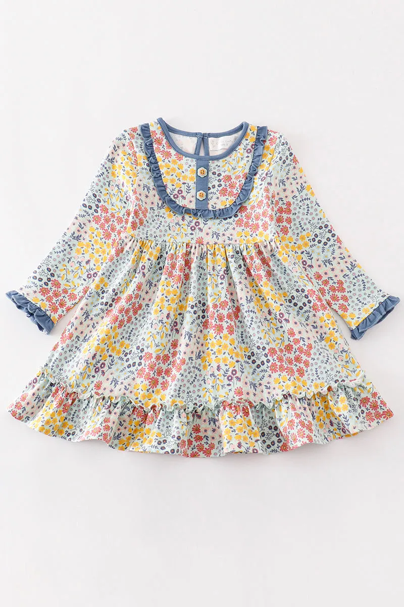 Blue Floral Print Ruffle Dress