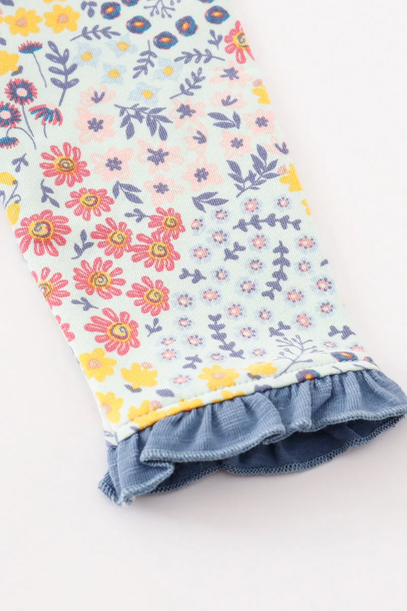 Blue Floral Print Ruffle Dress