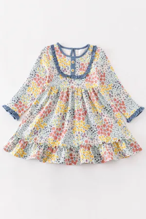 Blue Floral Print Ruffle Dress