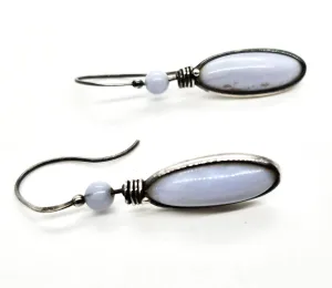 Blue Lace Agate drop wrapped blue gemstone sterling silver drop vintage earrings