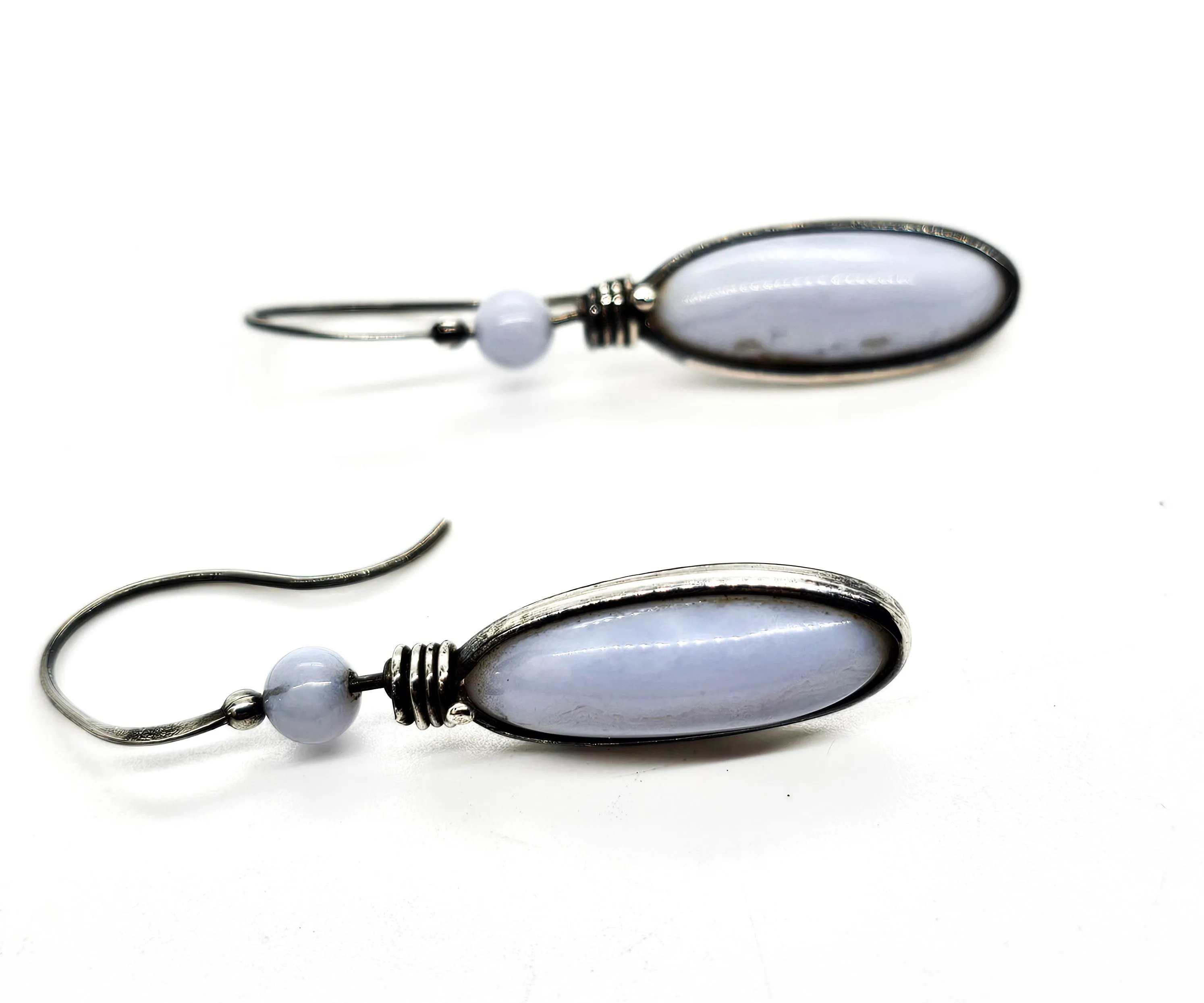 Blue Lace Agate drop wrapped blue gemstone sterling silver drop vintage earrings