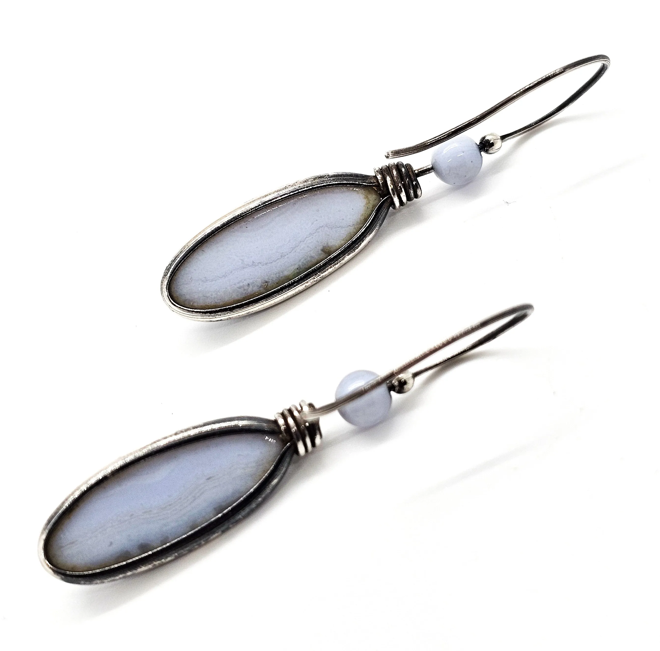 Blue Lace Agate drop wrapped blue gemstone sterling silver drop vintage earrings