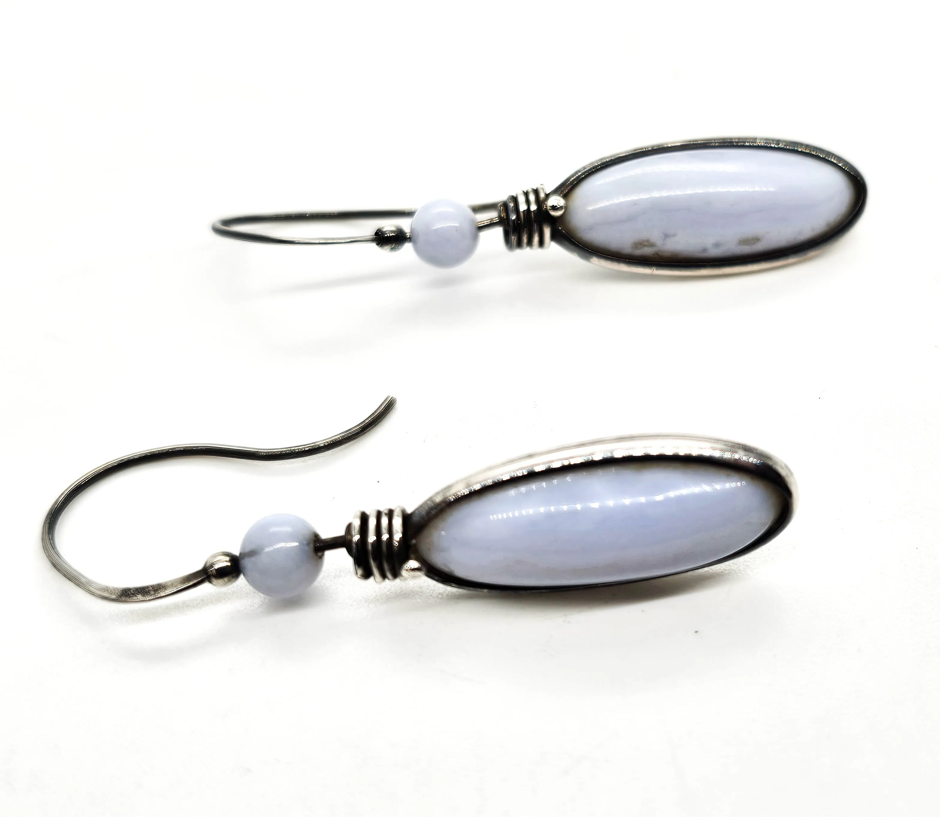 Blue Lace Agate drop wrapped blue gemstone sterling silver drop vintage earrings