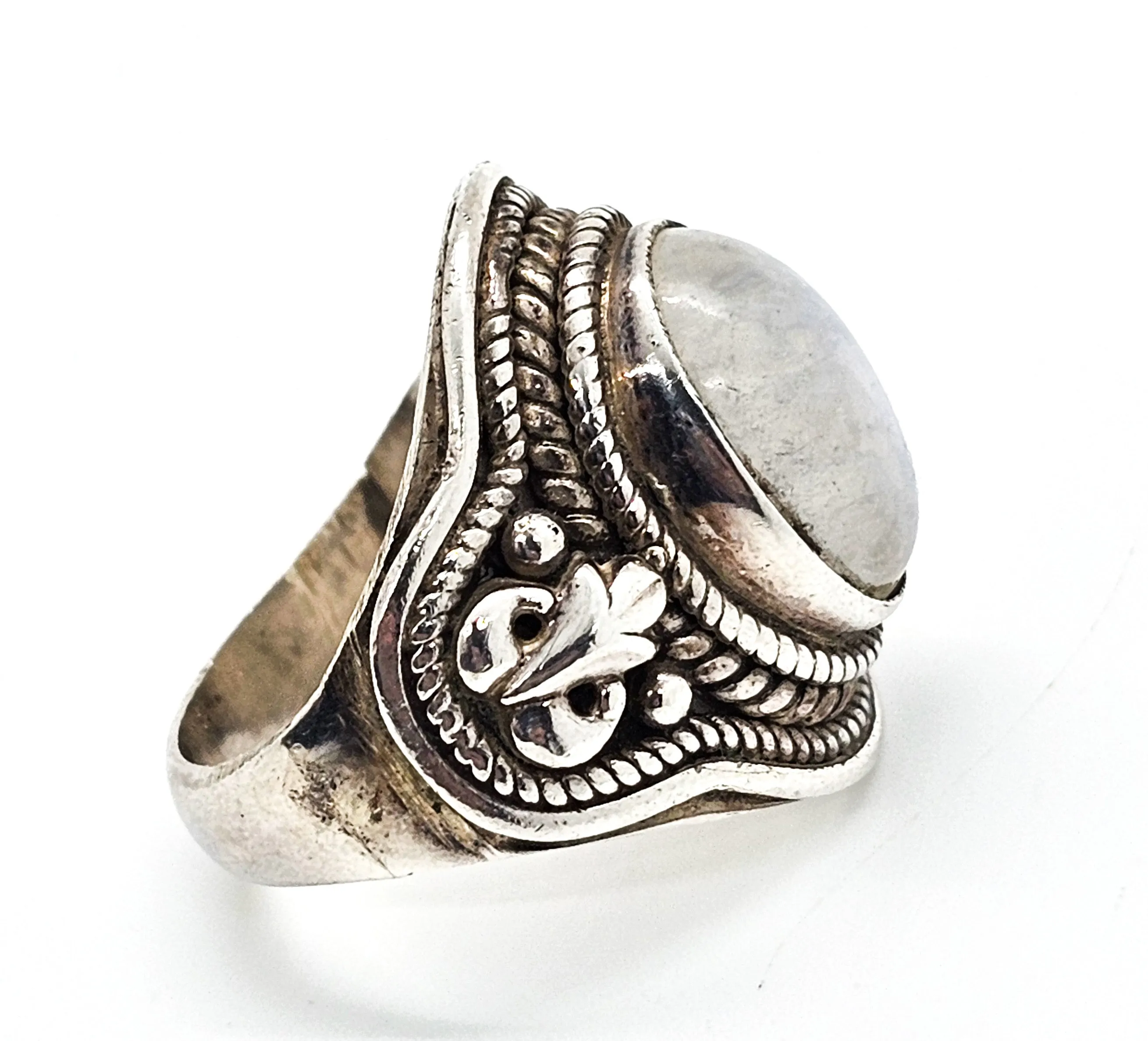 Blue Moonstone large Bali Balinese solid sterling silver vintage ring size 7 and 1/2