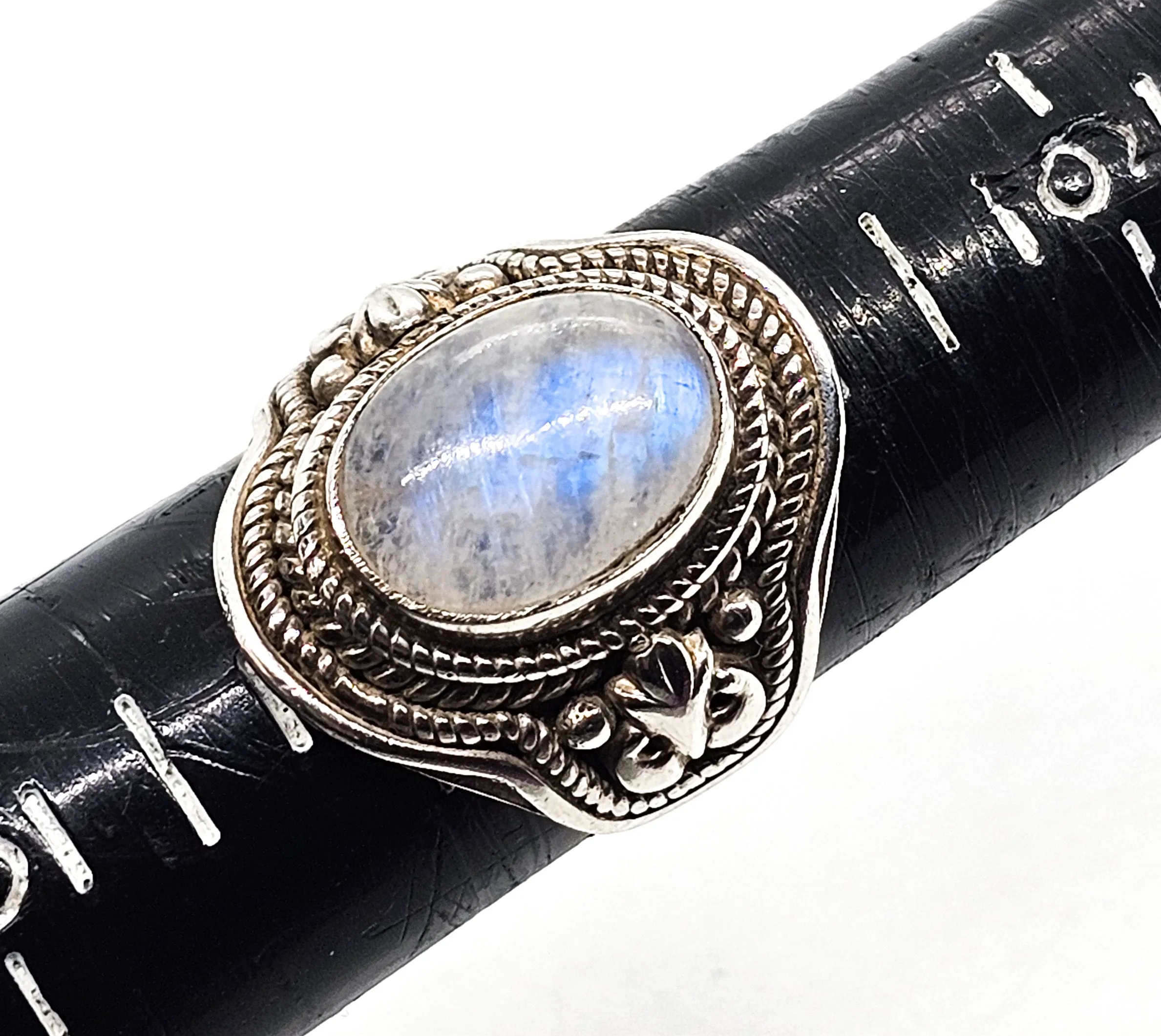 Blue Moonstone large Bali Balinese solid sterling silver vintage ring size 7 and 1/2