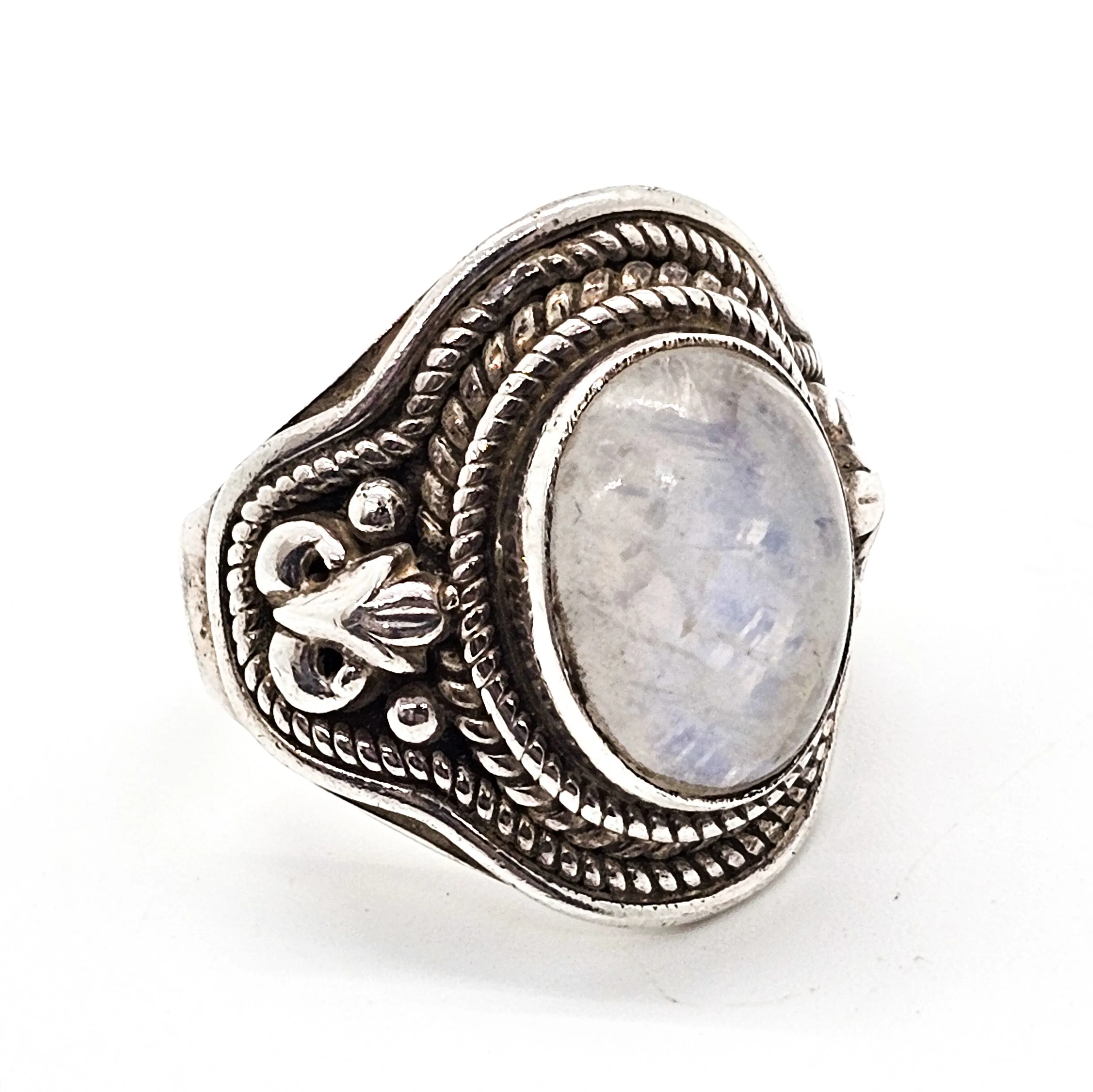 Blue Moonstone large Bali Balinese solid sterling silver vintage ring size 7 and 1/2