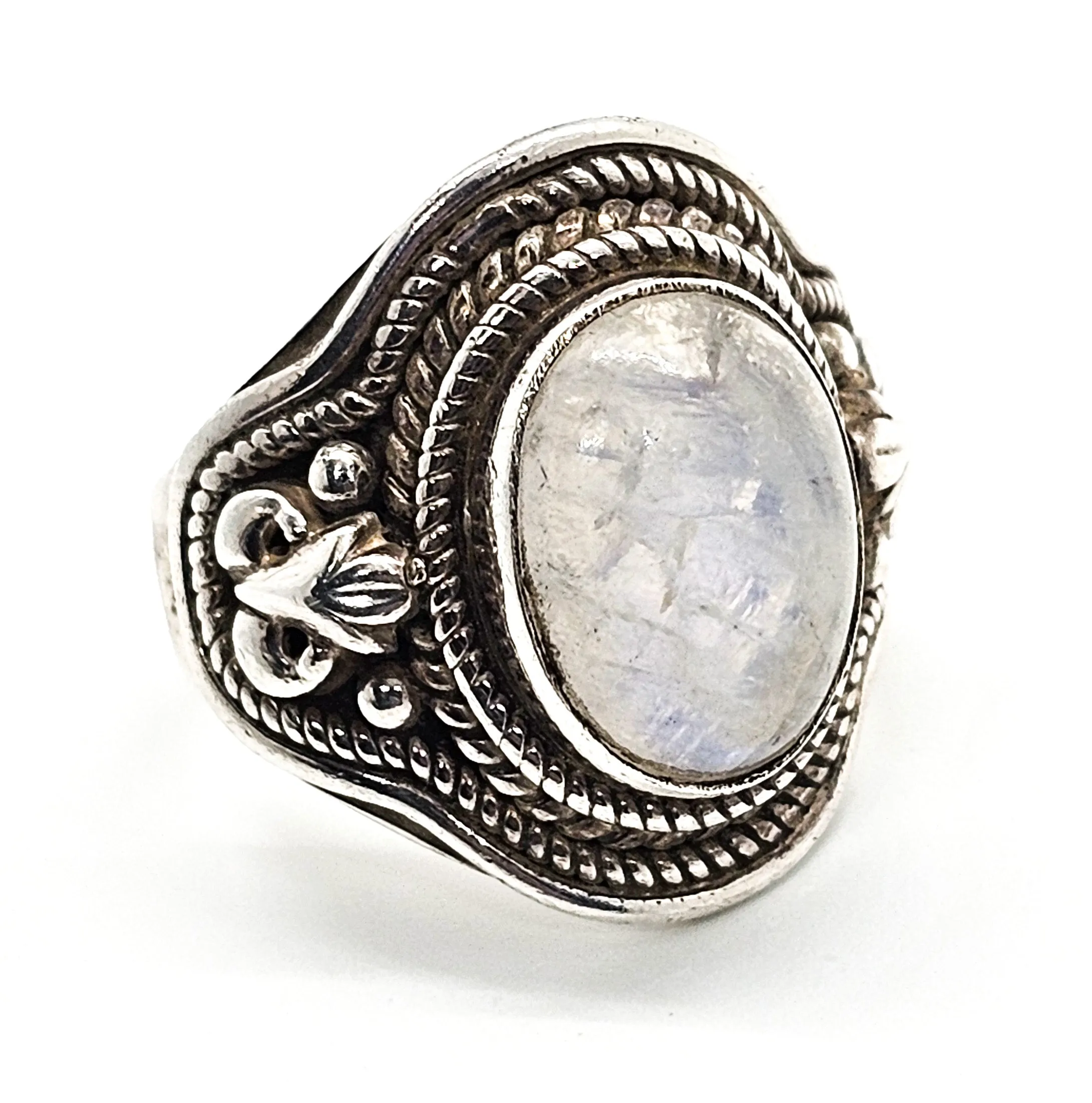 Blue Moonstone large Bali Balinese solid sterling silver vintage ring size 7 and 1/2