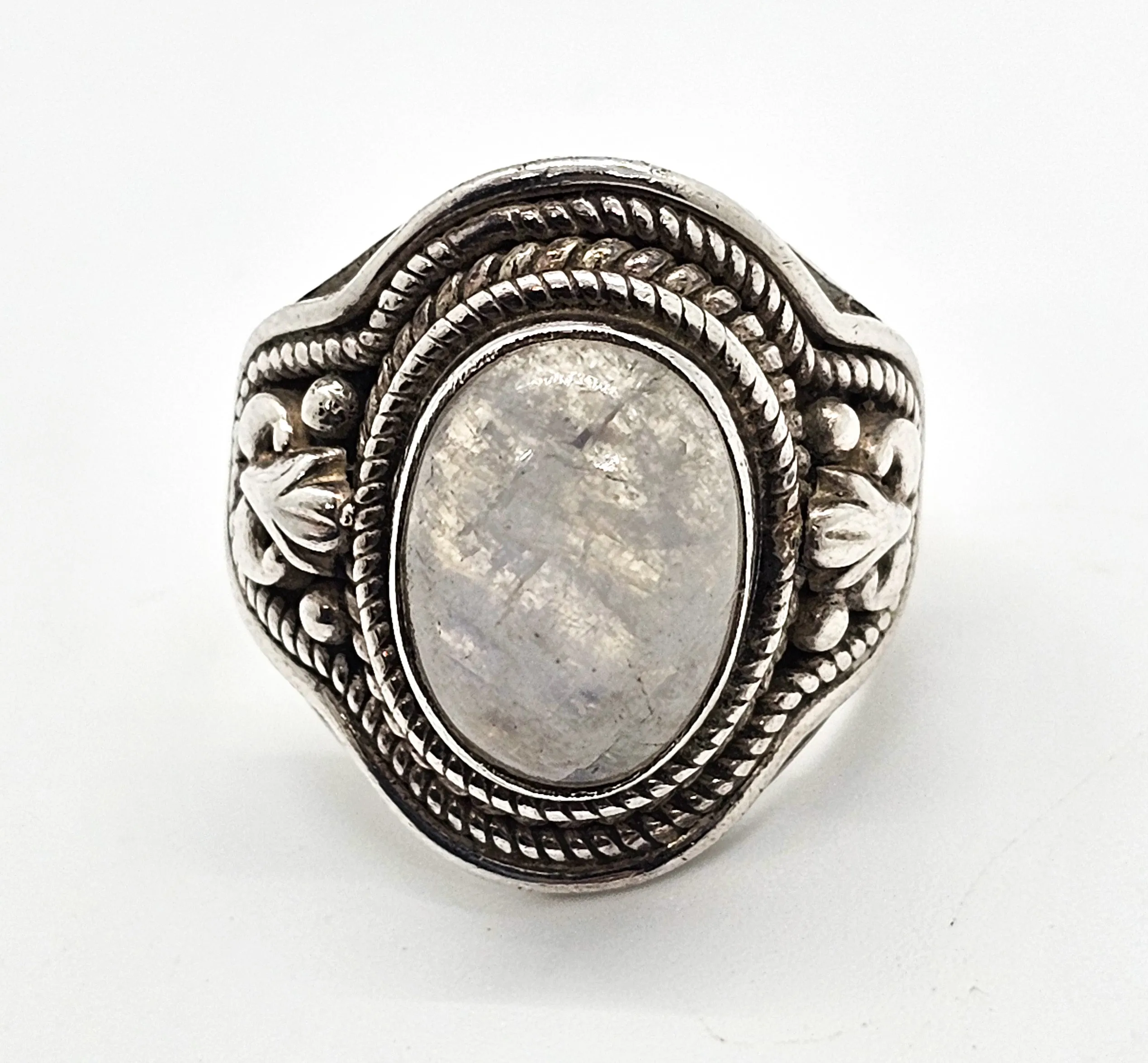 Blue Moonstone large Bali Balinese solid sterling silver vintage ring size 7 and 1/2