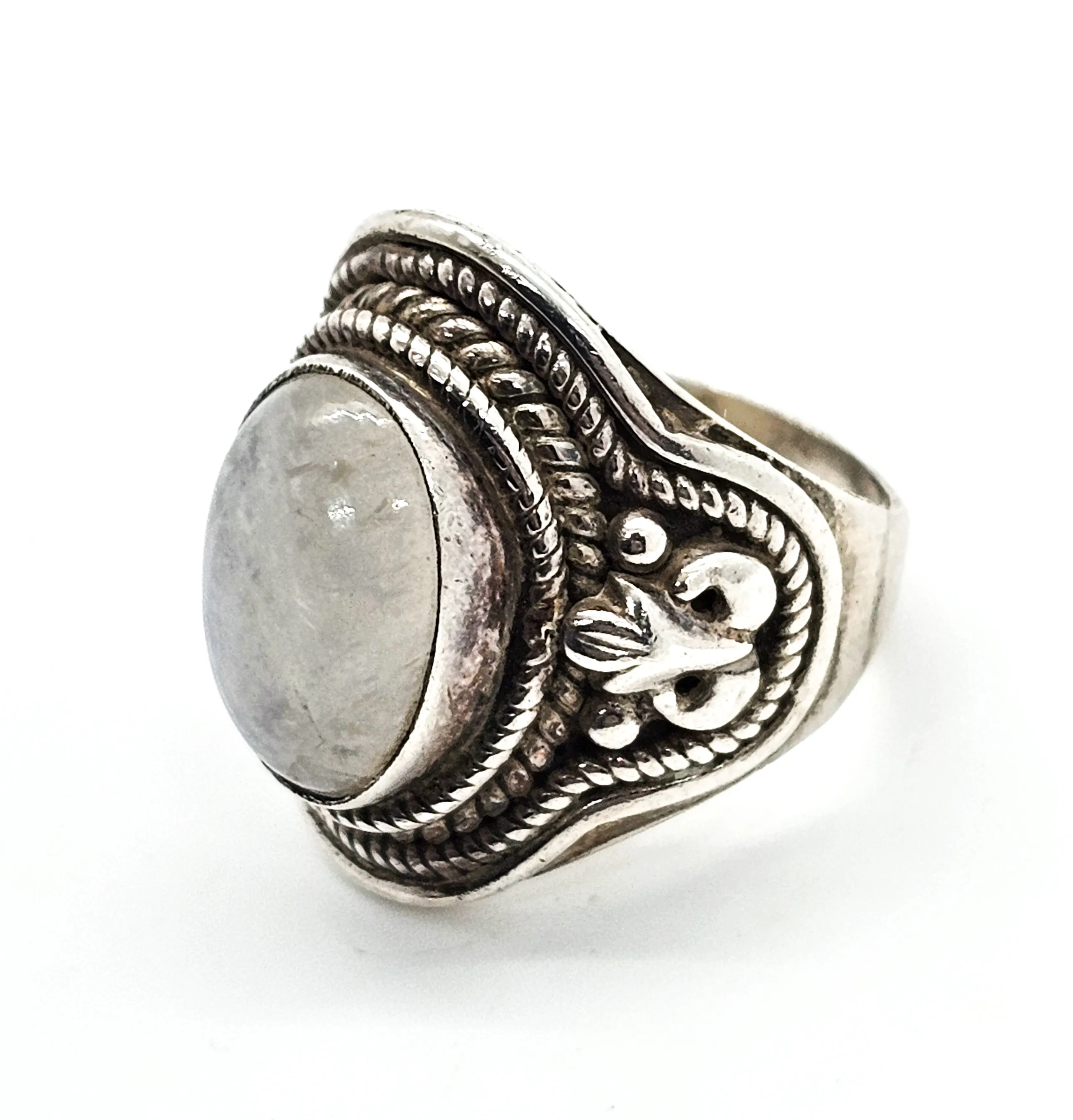 Blue Moonstone large Bali Balinese solid sterling silver vintage ring size 7 and 1/2