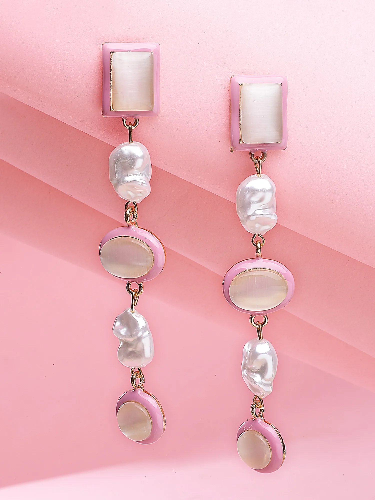 Bohey by KARATCART Gold-Plated Contemporary Pink Drop Earrings for Women