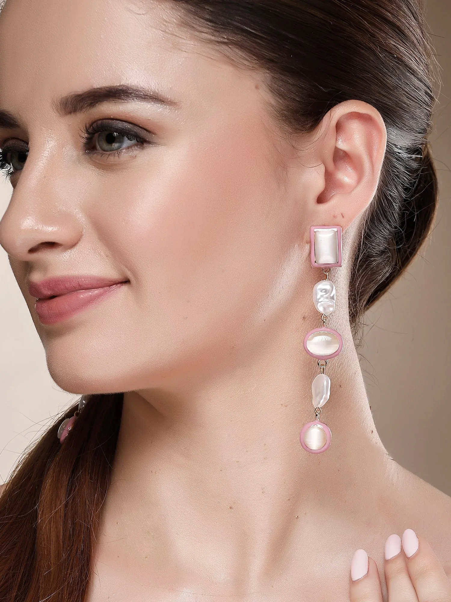 Bohey by KARATCART Gold-Plated Contemporary Pink Drop Earrings for Women