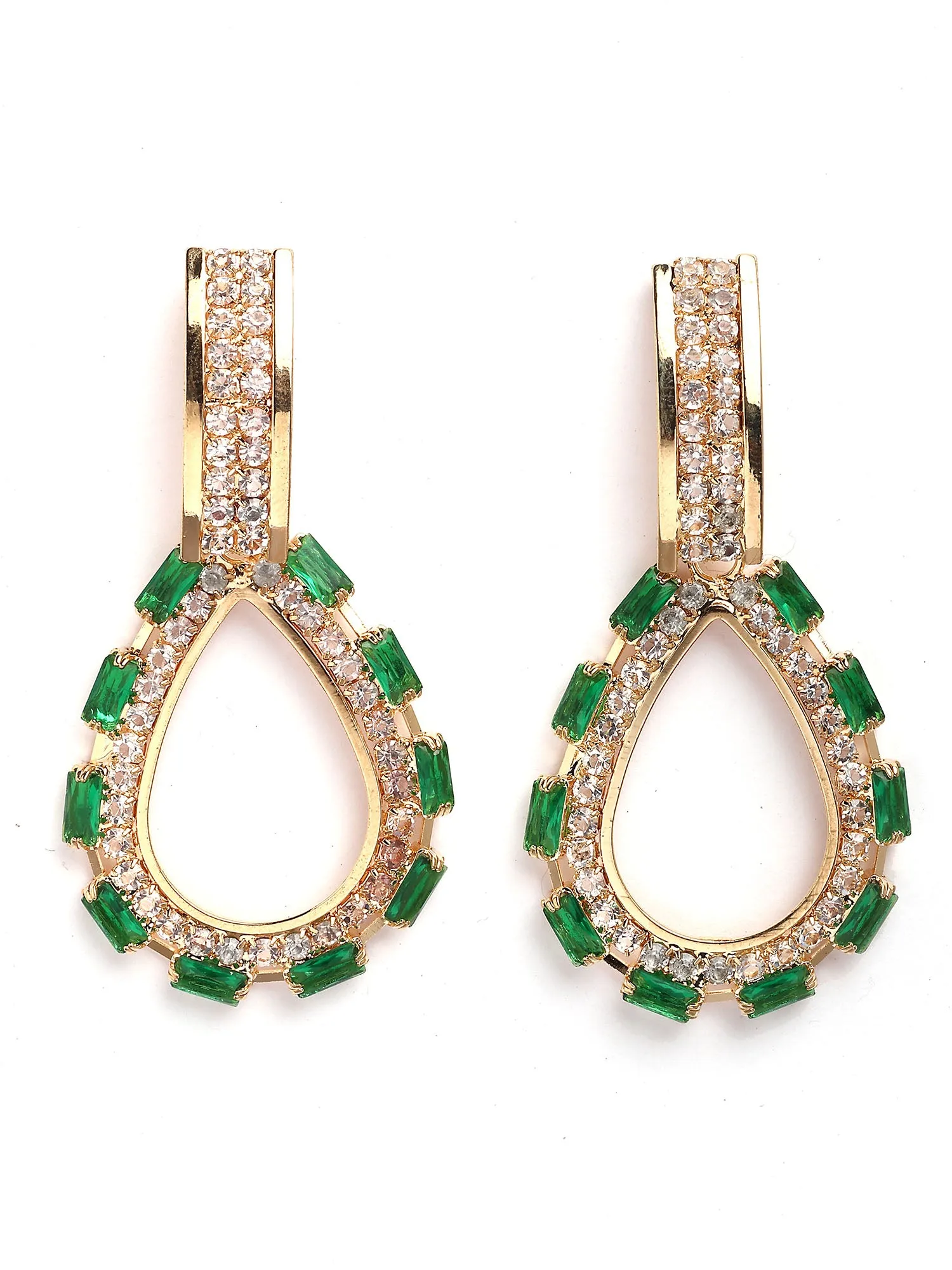 Bohey by KARATCART Gold-Plated Green Cubic Zirconia Studded Drop Earrings for Women