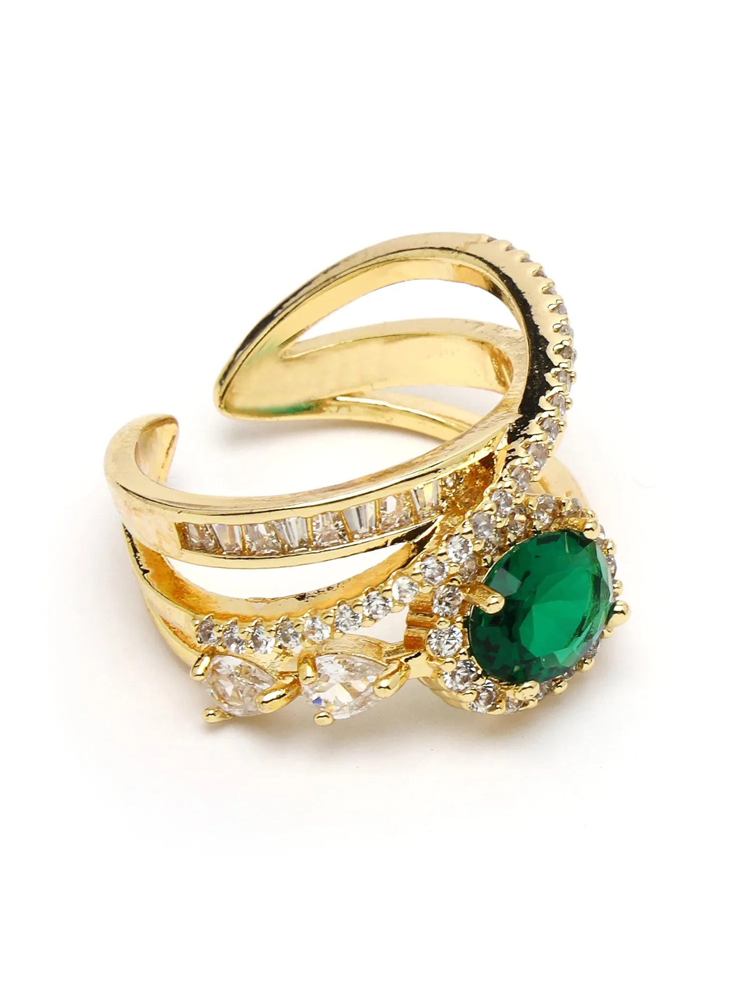 Bohey by KARATCART Gold Plated Green Cubic Zirconia Studded Zig-Zag Design Women's Finger Ring