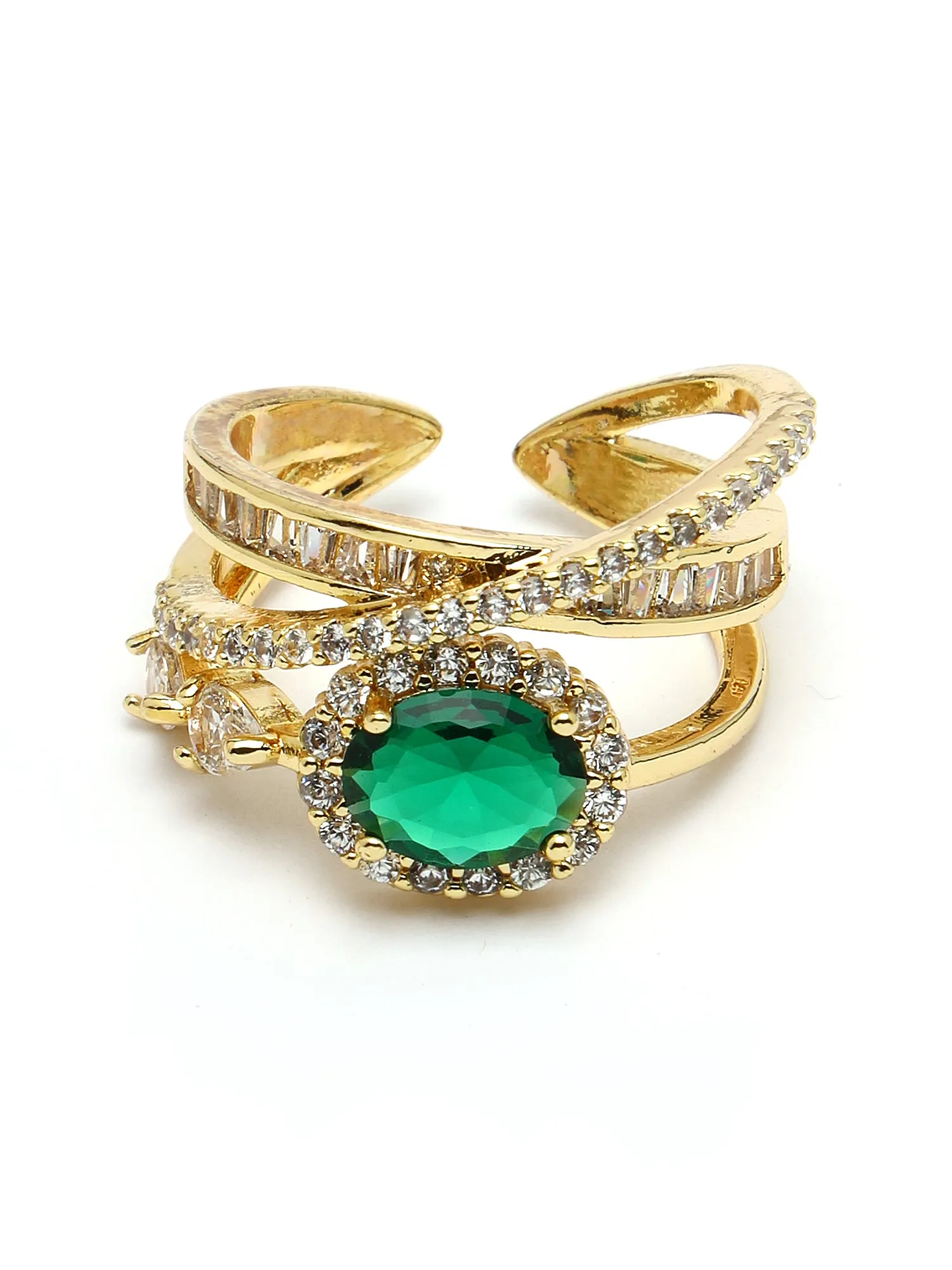 Bohey by KARATCART Gold Plated Green Cubic Zirconia Studded Zig-Zag Design Women's Finger Ring