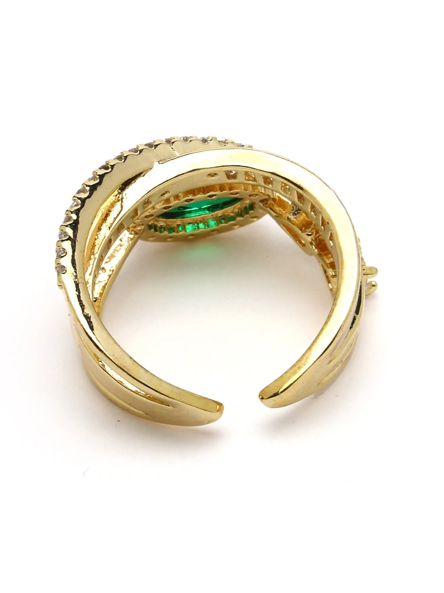 Bohey by KARATCART Gold Plated Green Cubic Zirconia Studded Zig-Zag Design Women's Finger Ring