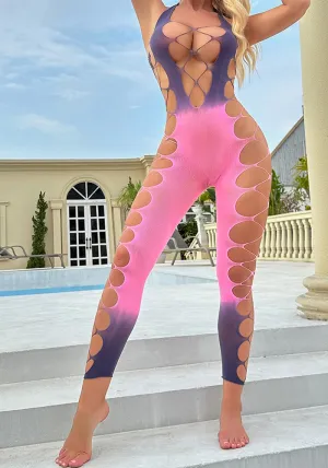 Bold Gradient Cut-Out Mesh Jumpsuit with Halter Neck Design