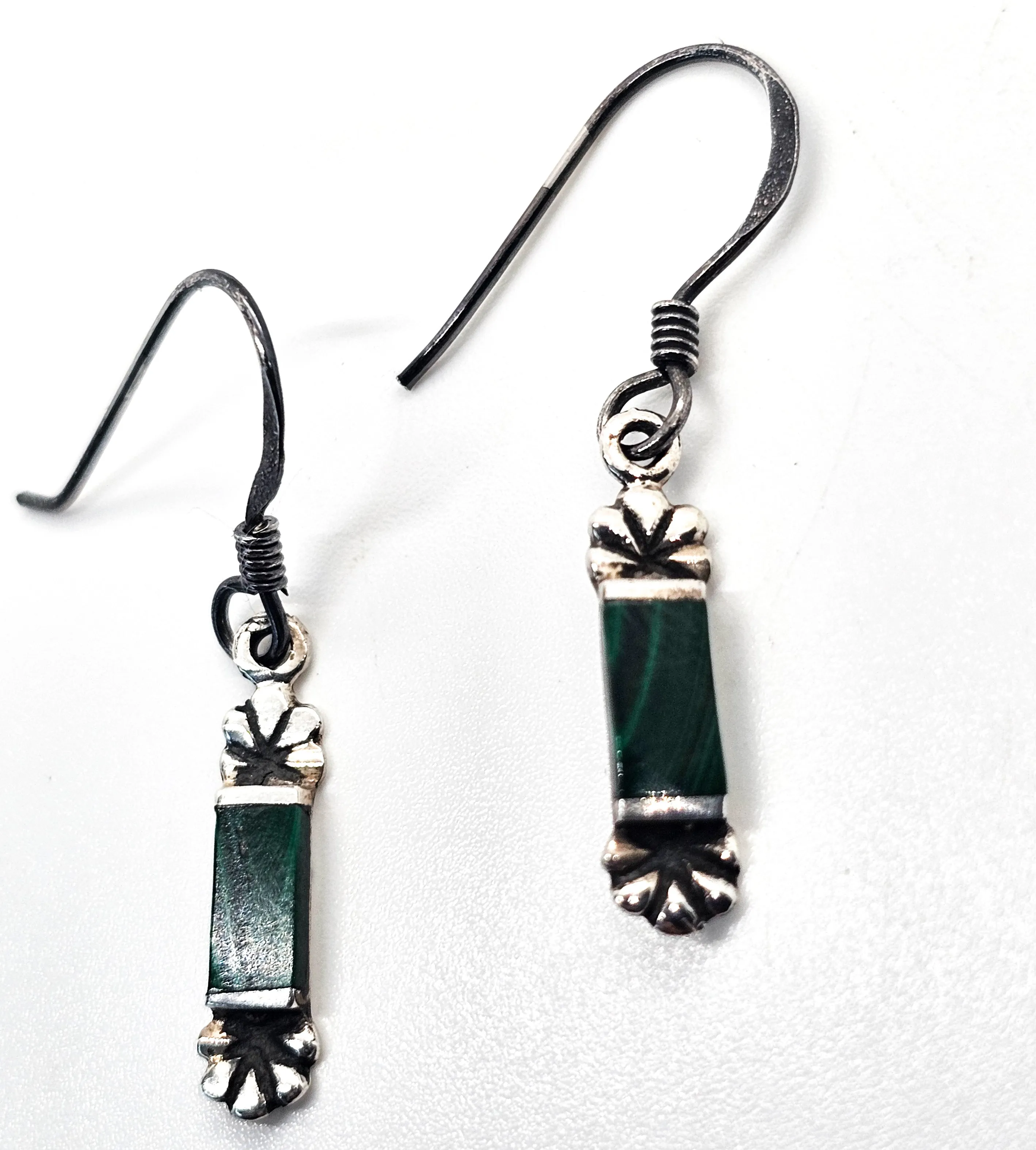 Boma signed banded malachite vintage scalloped sterling silver gemstone earrings