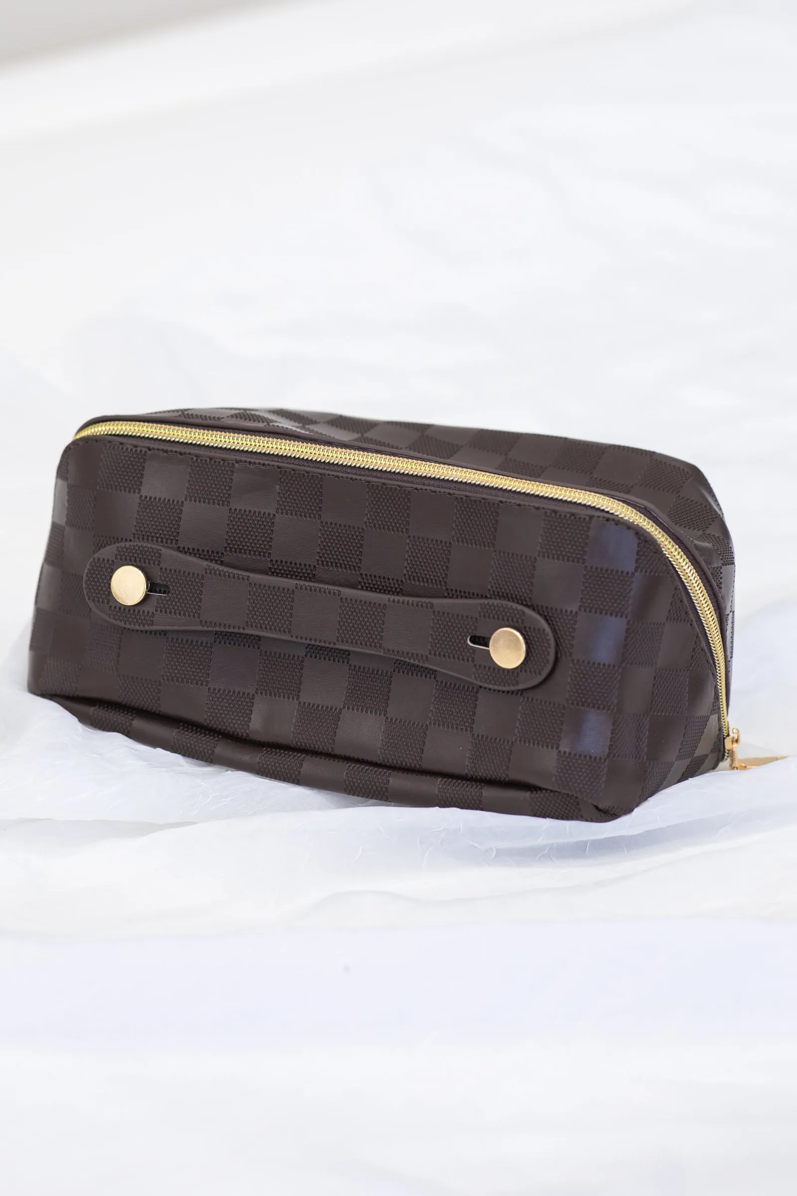 Brown Checkerboard Faux Leather Makeup Bag