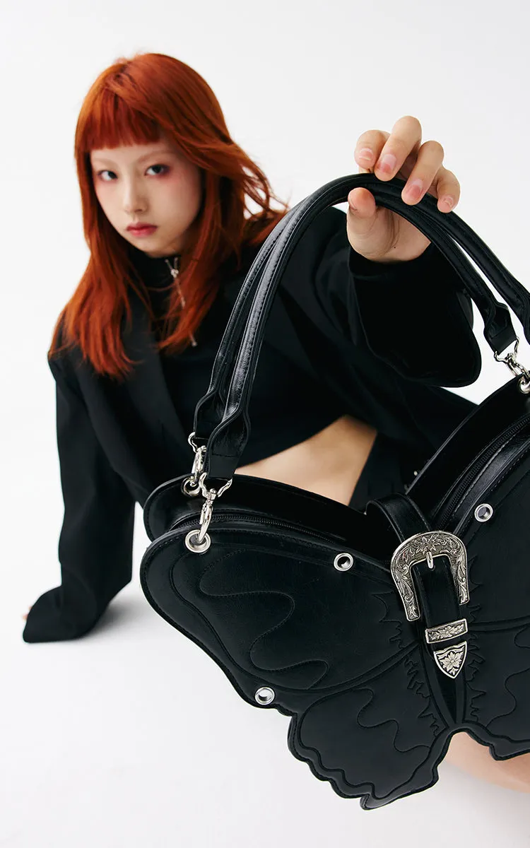 Butterfly Black Faux Leather Handbag