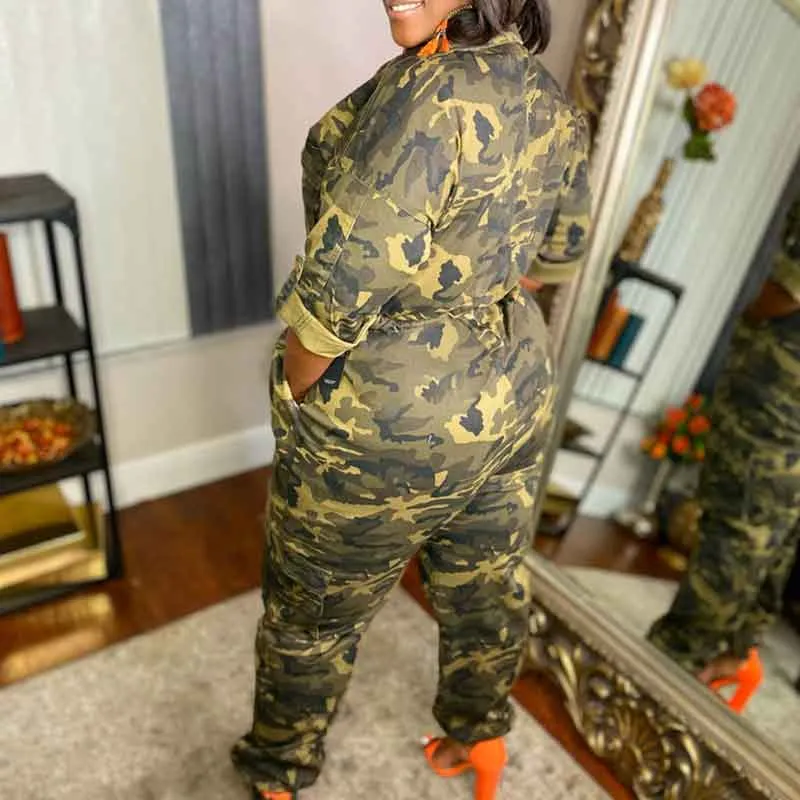 Camouflage Pattern Long Sleeve Drawstring Zipper Design Jumpsuit