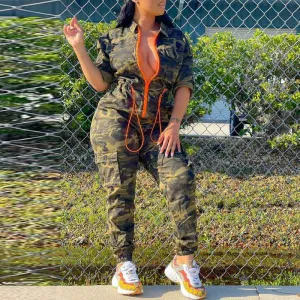 Camouflage Pattern Long Sleeve Drawstring Zipper Design Jumpsuit