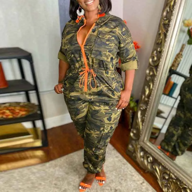 Camouflage Pattern Long Sleeve Drawstring Zipper Design Jumpsuit