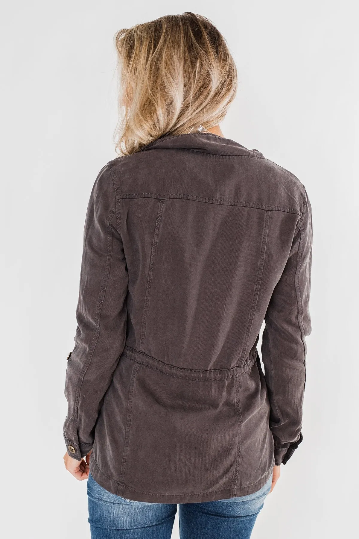 Carried Away Drawstring Waist Jacket- Charcoal