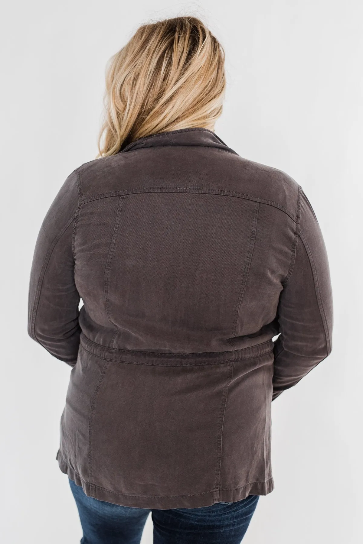 Carried Away Drawstring Waist Jacket- Charcoal