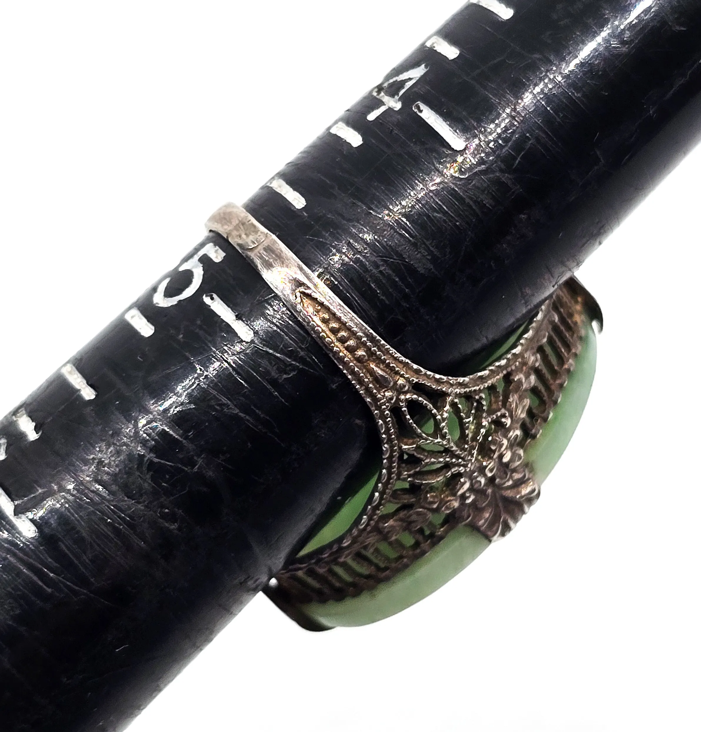 Carved Jade Lotus flower Chinese Export antique sterling silver filigree ring size 4/75