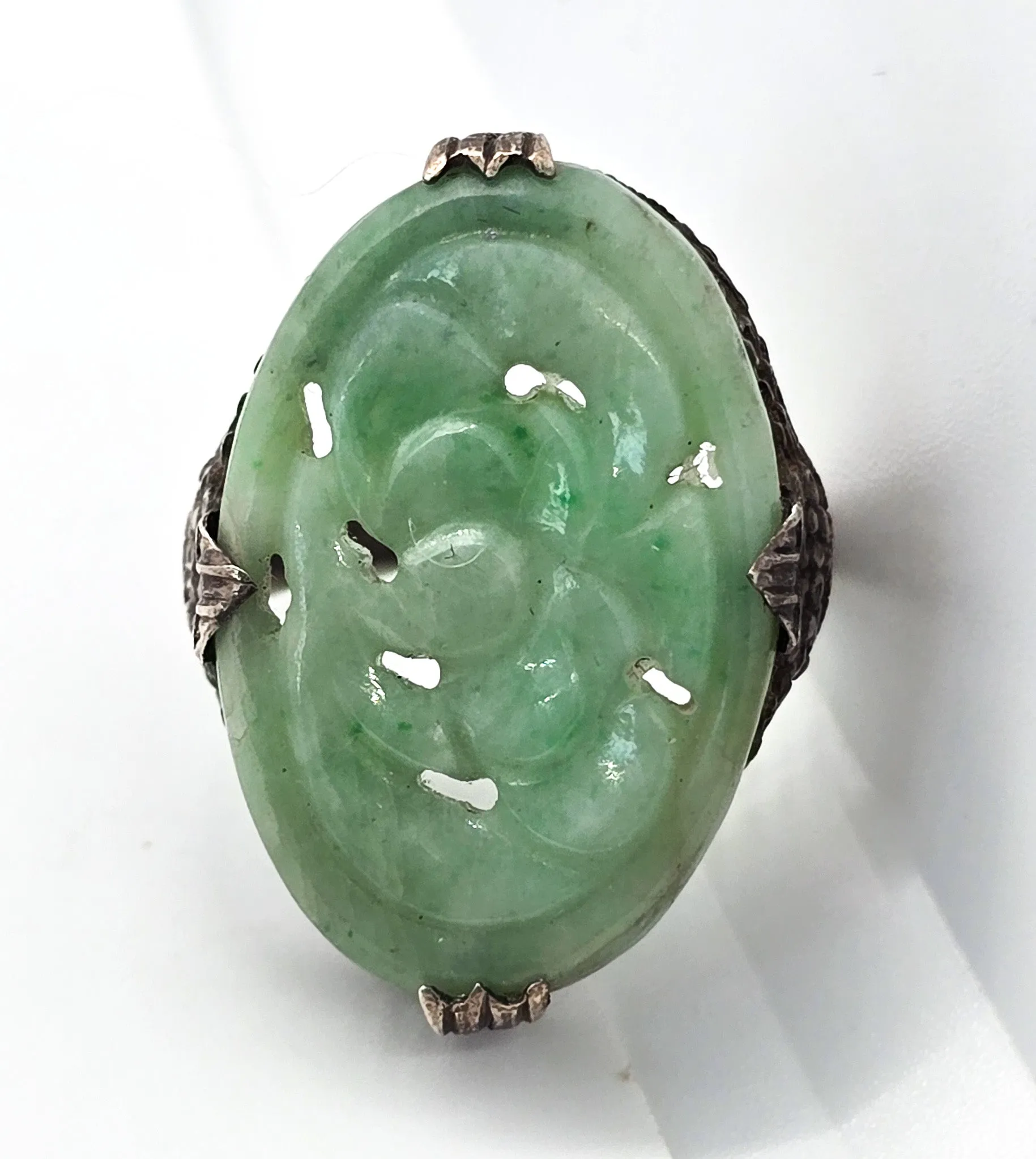 Carved Jade Lotus flower Chinese Export antique sterling silver filigree ring size 4/75