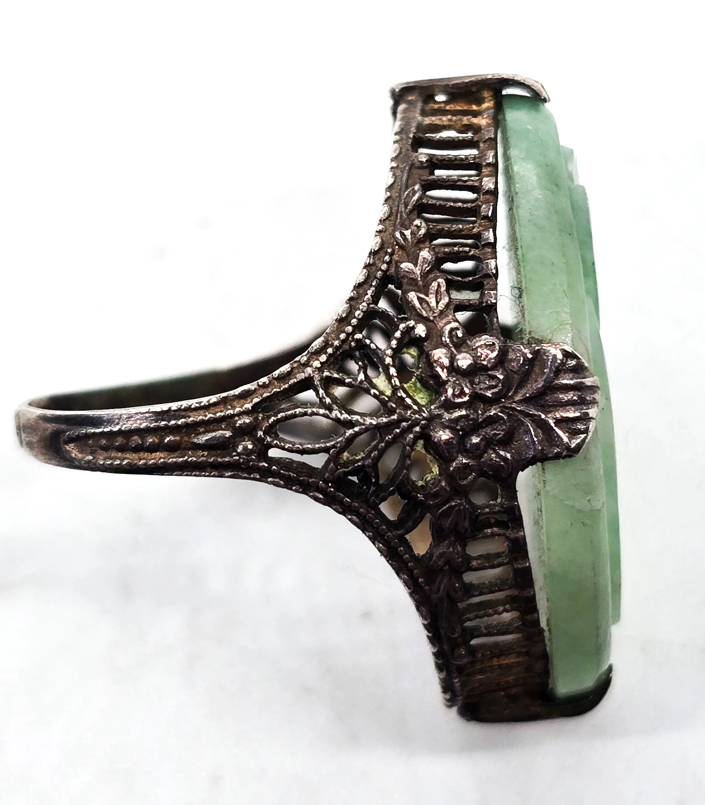 Carved Jade Lotus flower Chinese Export antique sterling silver filigree ring size 4/75