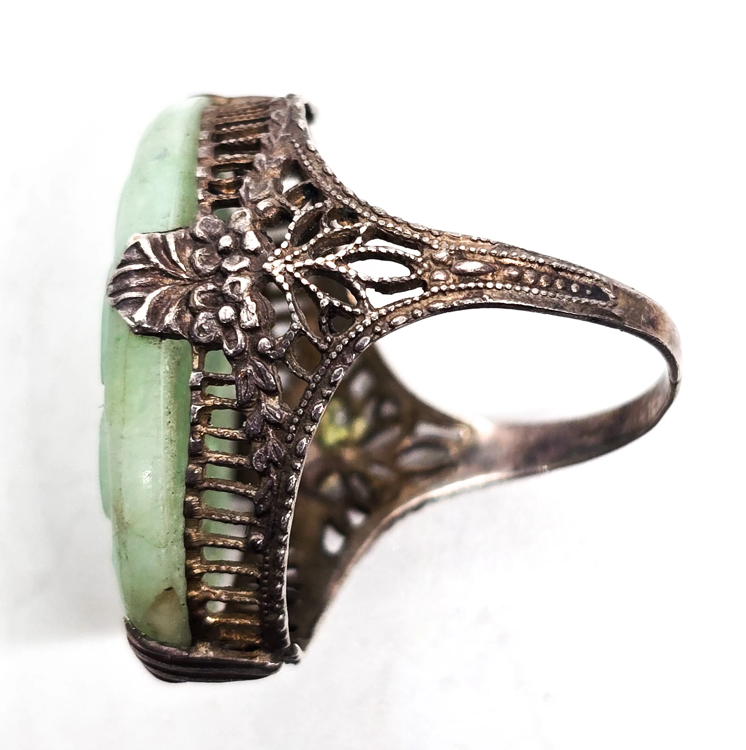 Carved Jade Lotus flower Chinese Export antique sterling silver filigree ring size 4/75