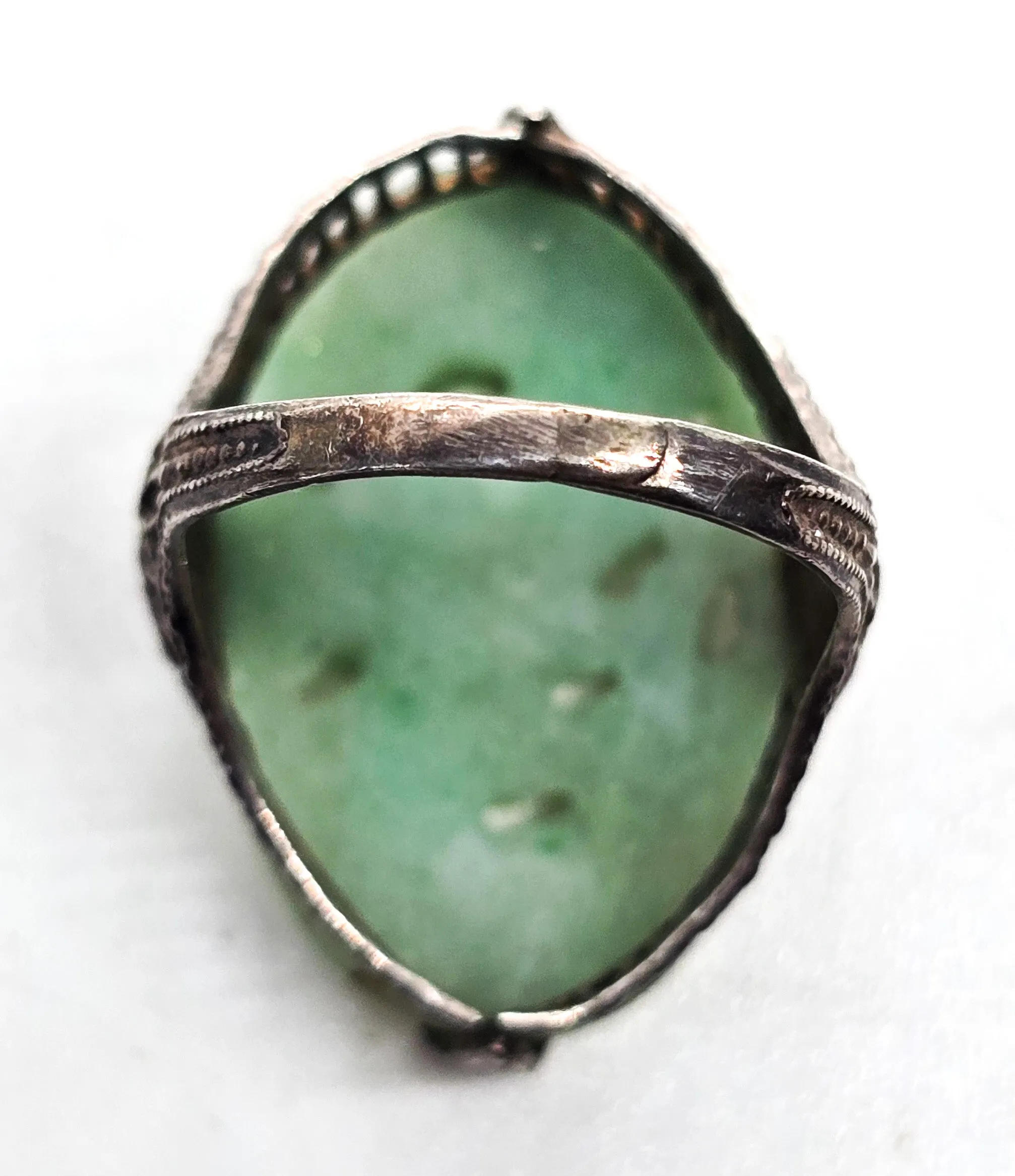 Carved Jade Lotus flower Chinese Export antique sterling silver filigree ring size 4/75