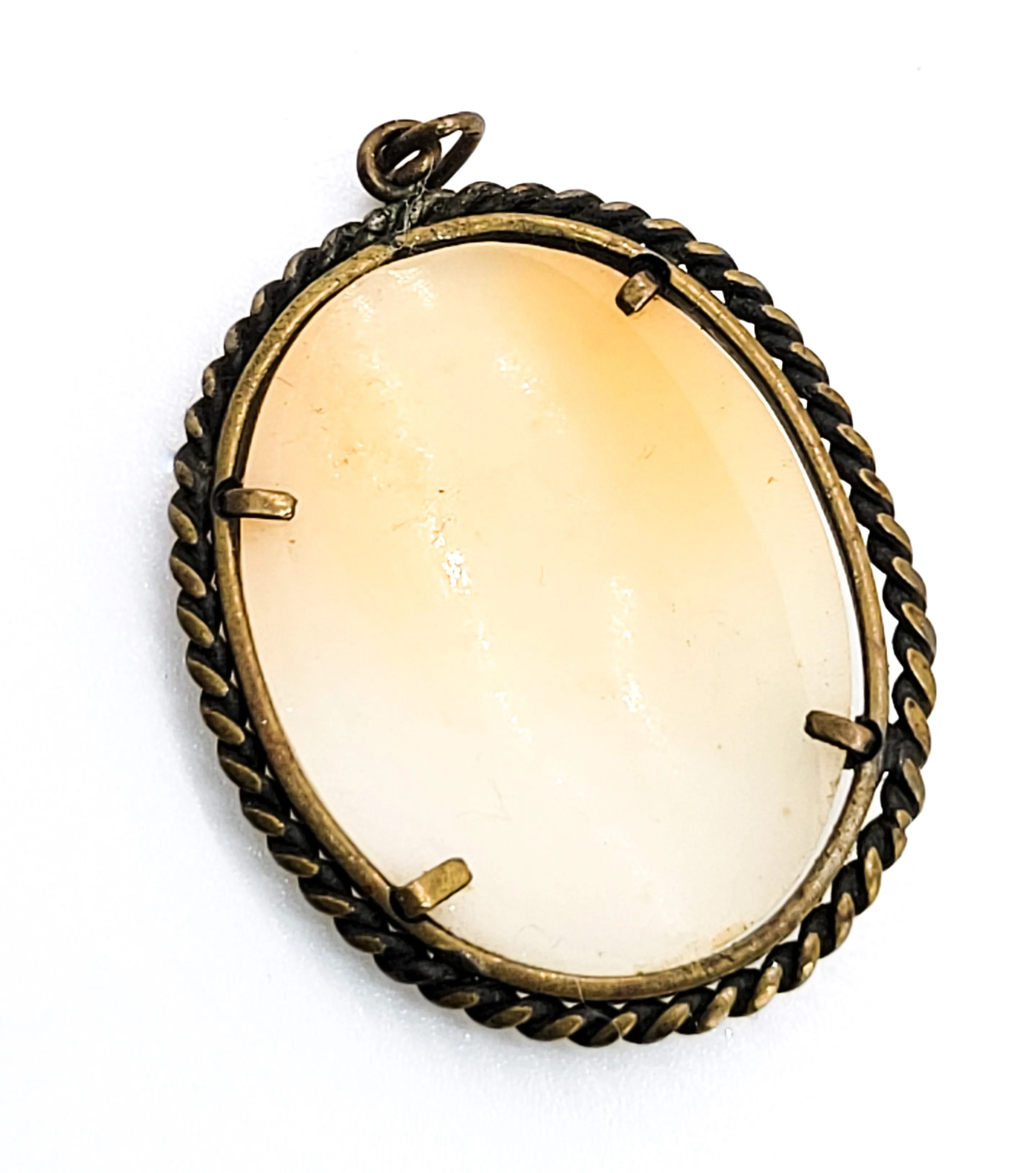 Carved shell right facing vintage woman cameo pendant in twisted rope brass setting