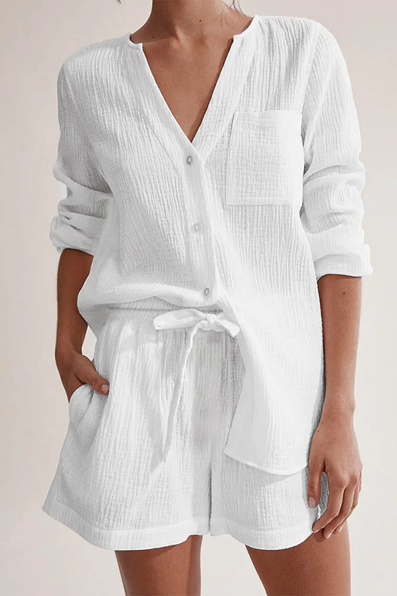 Casual Simplicity Solid Pocket Buttons Fold V Neck Long Sleeve Two Pieces