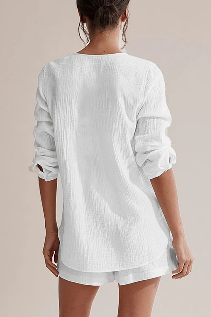 Casual Simplicity Solid Pocket Buttons Fold V Neck Long Sleeve Two Pieces