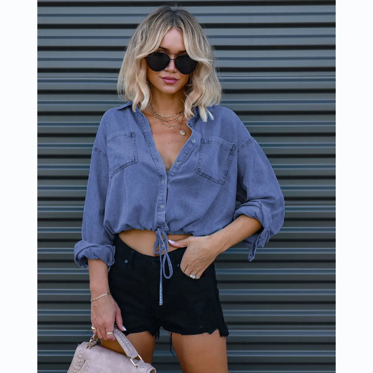 Casual Tease Button-Up Long Sleeve Denim Crop Top
