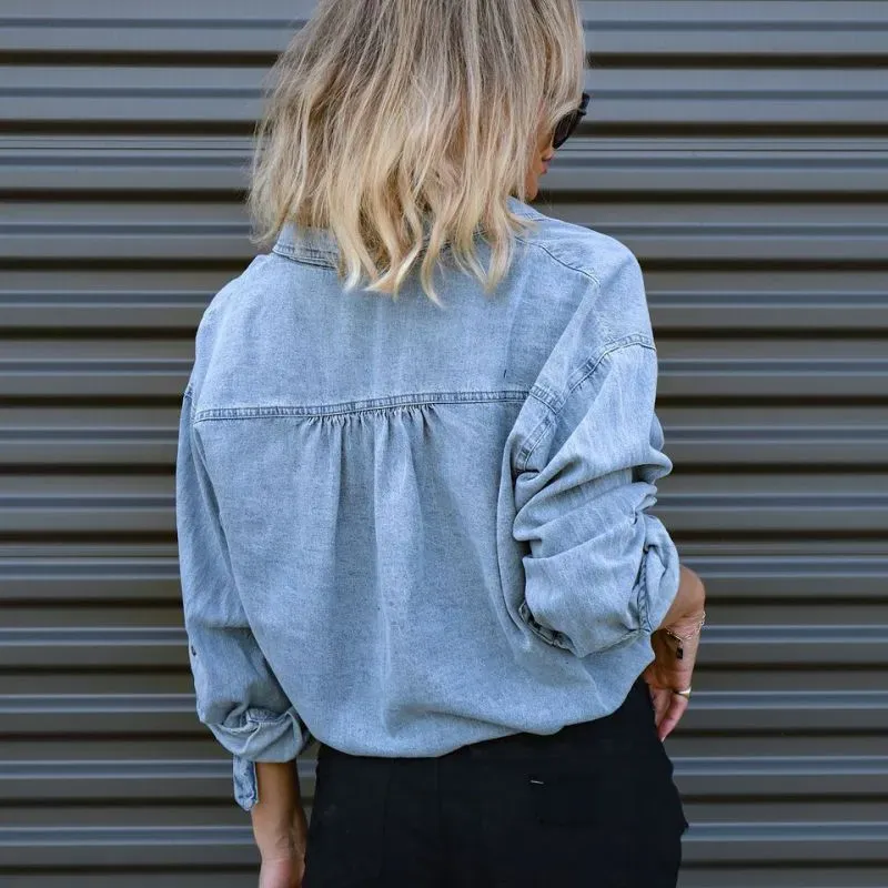 Casual Tease Button-Up Long Sleeve Denim Crop Top