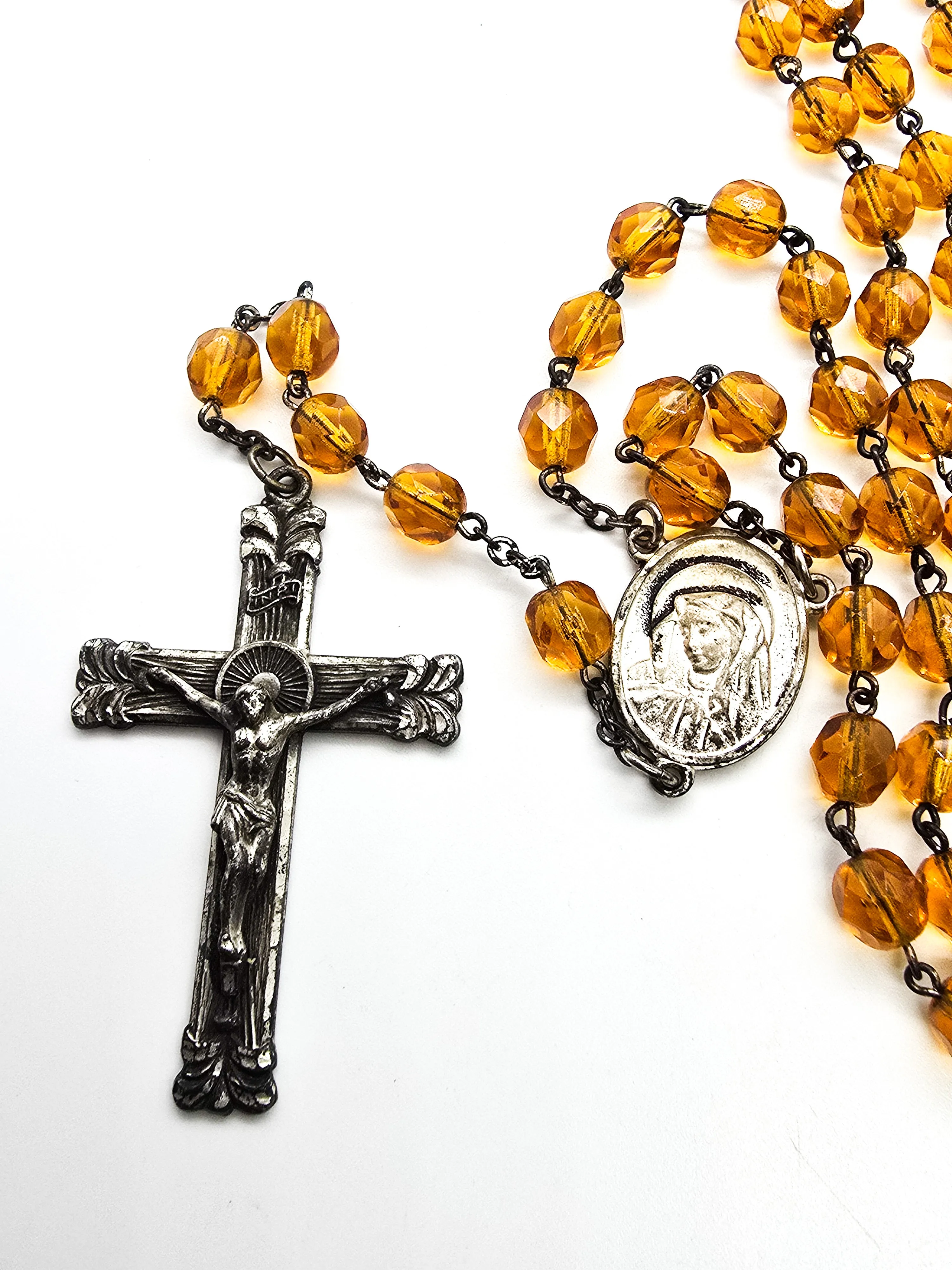 Catholic Rosary Sterling silver Crucifix amber glass crystal vintage rosary
