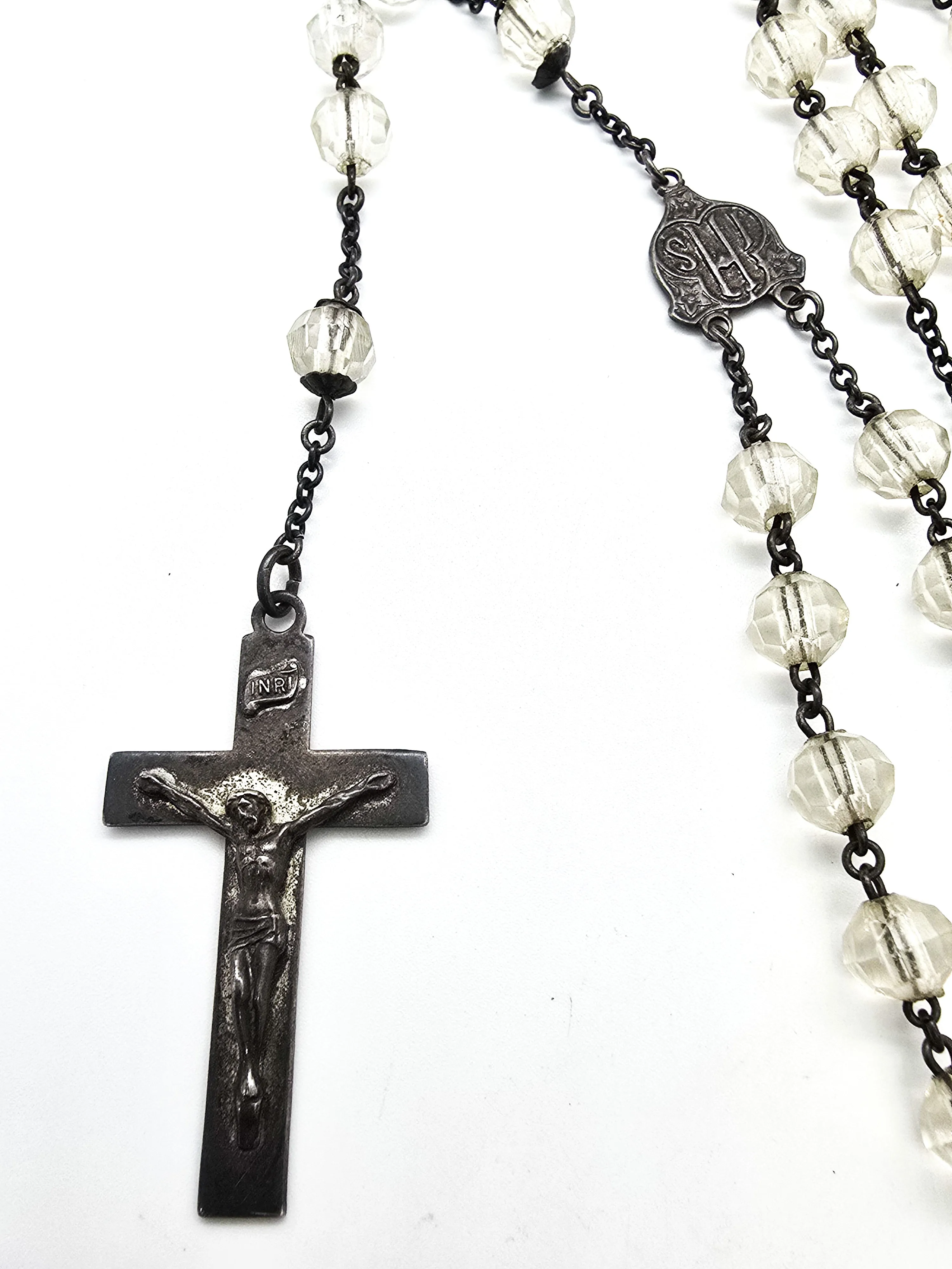 Catholic Rosary Sterling silver Crucifix clear crystal vintage rosary