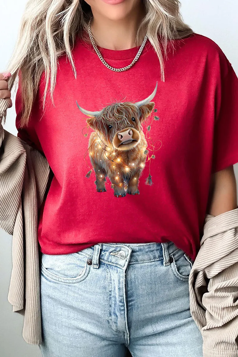 Caught In Lights Highland Cow Short Sleeve Relaxed Fit T-Shirt