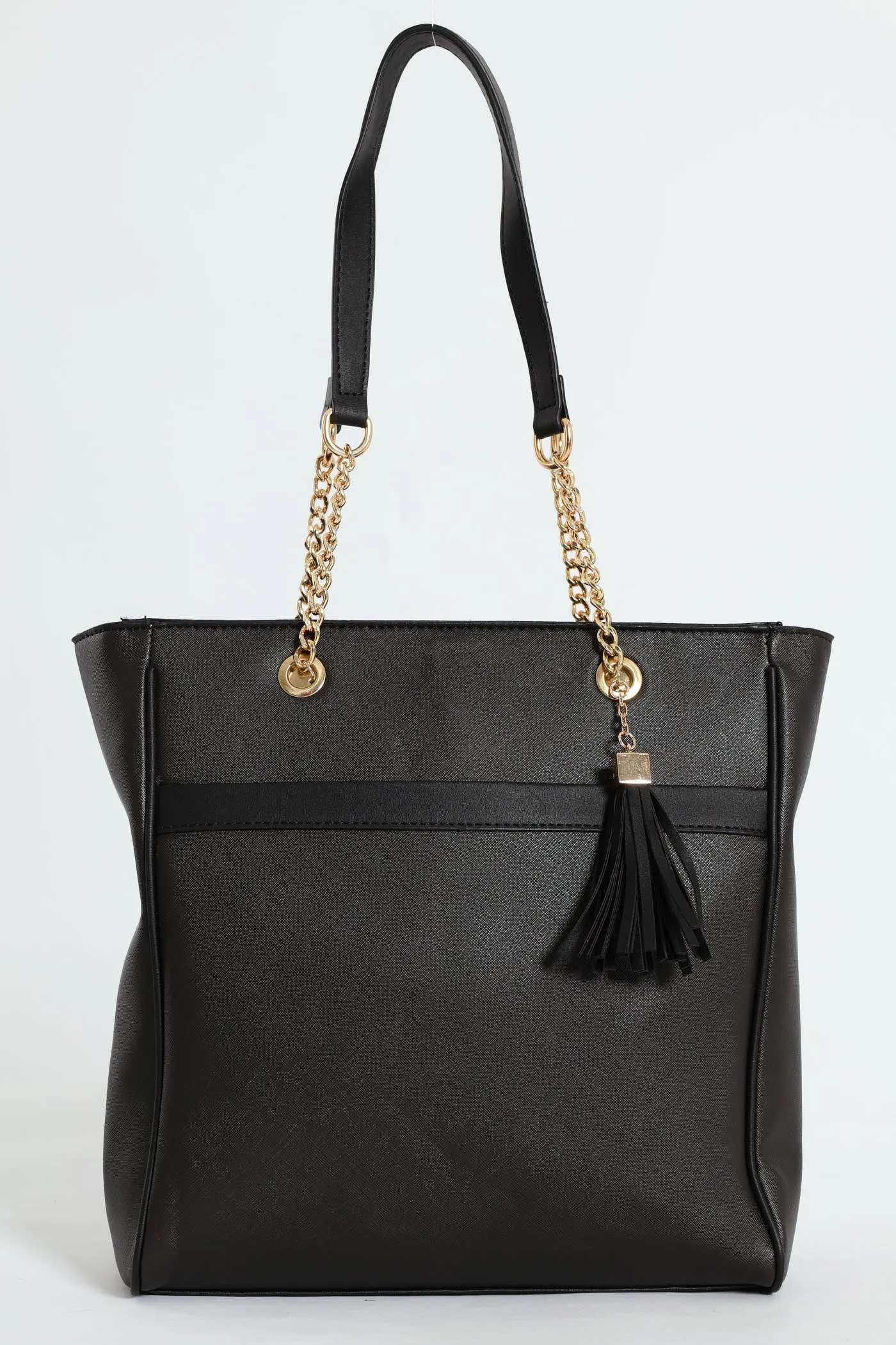 Chain & Tassel Trim Shopper Bag - Black