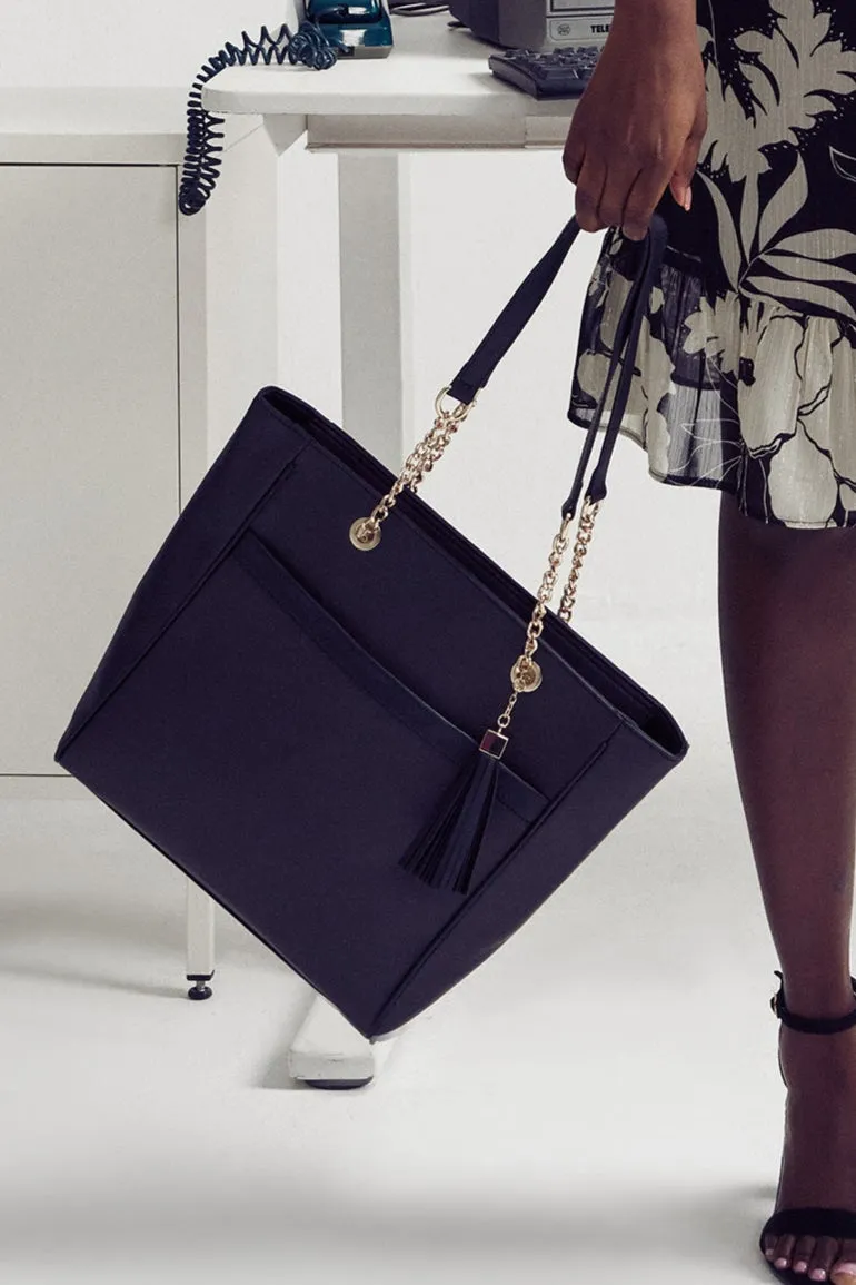 Chain & Tassel Trim Shopper Bag - Black