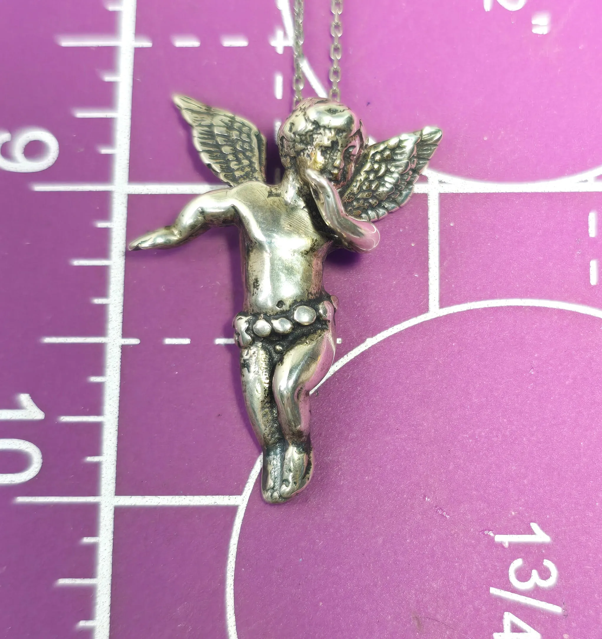 Cherub flying baby angel Putto Cupid vintage sterling silver pendant necklace