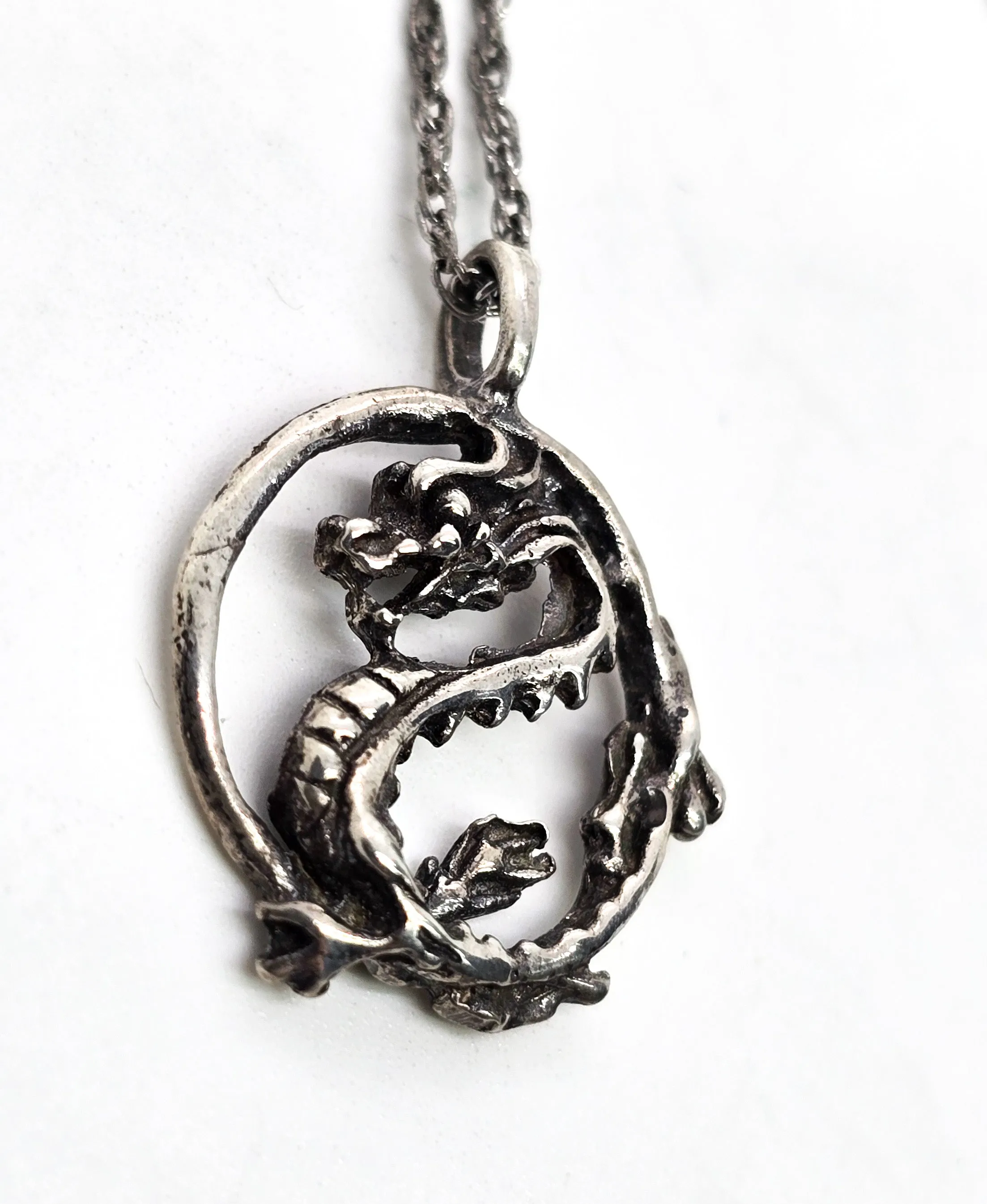 Chinese Dragon circle Sterling silver vintage pendant necklace