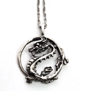 Chinese Dragon circle Sterling silver vintage pendant necklace