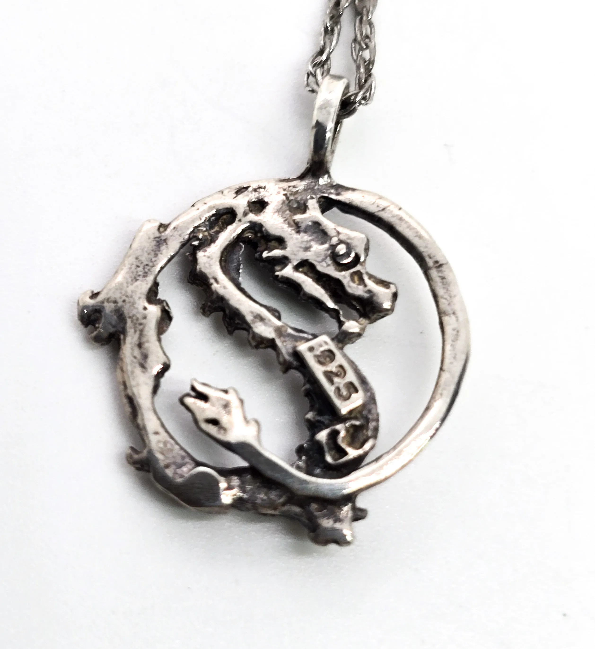 Chinese Dragon circle Sterling silver vintage pendant necklace